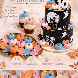 May include: A collection of handmade fondant pumpkins and leaves for cake and cupcake decoration. The set includes small orange, white, blue, and pink pumpkins alongside multi-colored autumn leaves, displayed on a cake and a gold tray.