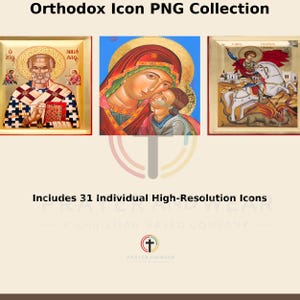Puede incluir: Una colección de tres iconos ortodoxos con marcos dorados. Los iconos representan figuras religiosas, incluyendo un santo, la Virgen María con el niño y San Jorge a caballo. El texto "Orthodox Icon PNG Collection" está en la parte superior.