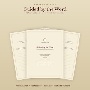 May include: A set of three cream-colored pages titled Guided by the Word, 52 Weekly Reflections for Faith & Everyday Life. The central page features a cross logo, scripture from Psalm 119:105, and lined sections for personal written responses.