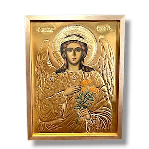 Handmade Archangel Gabriel Icon: Embossed Brass, Swarovski Crystals