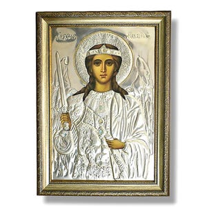 Archangel Michael icon in silver / Saint Michael the Defender Icon / Holy Archangel Michael icon / Greek Orthodox Icon / Handmade metal icon