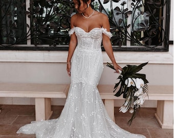 Lace Mermaid Wedding Dress with neckline off-shoulder,timeless mermaid wedding dress with corset,Custom wedding dress.