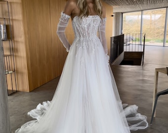 Luxury A-line Wedding Dress,Long Sleeve Wedding Dress,Corset A-line Wedding Dress with Long Train,Custom wedding dress