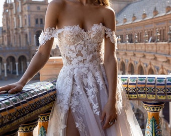 Vestido de novia de línea A de encaje, vestido de novia de escote corazón, vestido de novia de línea A con tren largo, vestido de novia personalizado