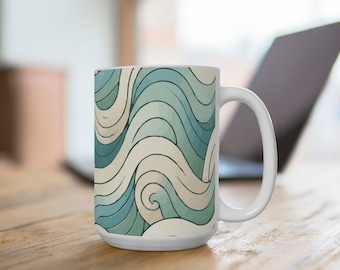 Contemporary Green and Tan Wave Pattern Mug - Modern Ceramic Cup for Tea or Coffee