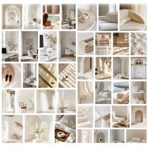 May include: A collage of images showcasing a minimalist aesthetic with a focus on white and beige tones. The images feature various interior design elements, including furniture, decor, and architectural details. The overall theme is one of simplicity, elegance, and tranquillity.
