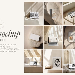 May include: A mockup bundle featuring nine modern mockups for creatives, designers, and business owners. The image showcases various digital devices, including a laptop, tablet, and smartphone, along with stationery and artwork, all presented in a neutral color palette.