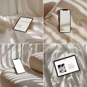 Puede incluir: Tres imágenes diferentes de un fondo blanco con un teléfono o una tableta encima. La primera imagen muestra una tableta blanca con el texto "Breathwork" en la pantalla. La segunda imagen muestra un teléfono negro con una pantalla blanca. La tercera imagen muestra una tableta negra con una pantalla blanca y el texto "The Collection" en la pantalla.