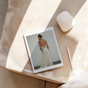 May include: A tablet displaying a photo of a person wearing a white wedding dress. The person is facing away from the camera and the dress has a low back.