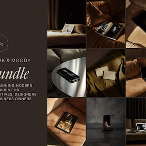 Puede incluir: Un conjunto de 9 maquetas modernas que presentan varios dispositivos y objetos sobre diferentes fondos. Las maquetas son perfectas para mostrar diseños, marcas y productos. Los fondos incluyen un sofá de cuero marrón, una superficie de tela verde y una mesa blanca.