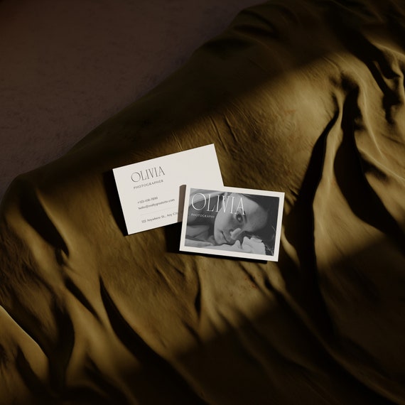 Dark Moody Business Card Mockup | Olive Fabric Backdrop (Digital Download)