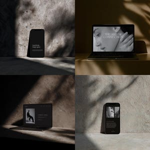 May include: A selection of digital devices, including a smartphone and two laptops, set against a textured wall. The smartphone displays "Social Media Design Agency." One laptop shows "The Art of Connection," and another displays "Coming Soon."