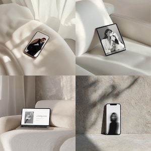 Puede incluir: Una colección de dispositivos electrónicos, incluyendo un smartphone, una tableta y un portátil, dispuestos sobre un sofá blanco. Las pantallas muestran imágenes de una persona, flores y el texto "coming soon". La escena está bañada en luz suave, creando una estética minimalista.