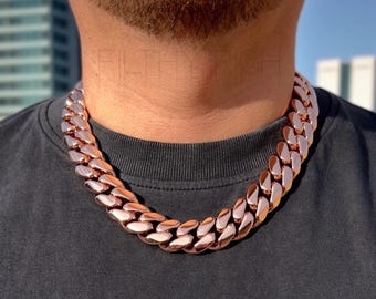 14K Rose Gold Triple Plated Miami Cuban Link Necklace — Solid, Heavyweight Curb Chain with Box Clasp for Men 10–22mm