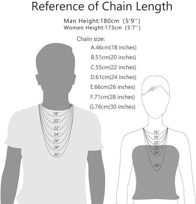 May include: A diagram showing the length of different chain necklaces on two figures, one male and one female. The chain lengths are shown in inches and centimeters. The male figure is wearing chains from 18 inches to 30 inches, while the female figure is wearing chains from 16 inches to 30 inches.