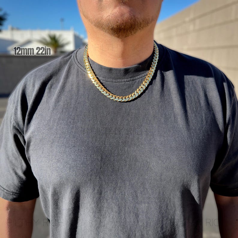 14K Gold Triple Plated Miami Cuban Link Necklace — Solid, Heavyweight Curb Chain with Box Clasp for Men 10–22mm 12mm