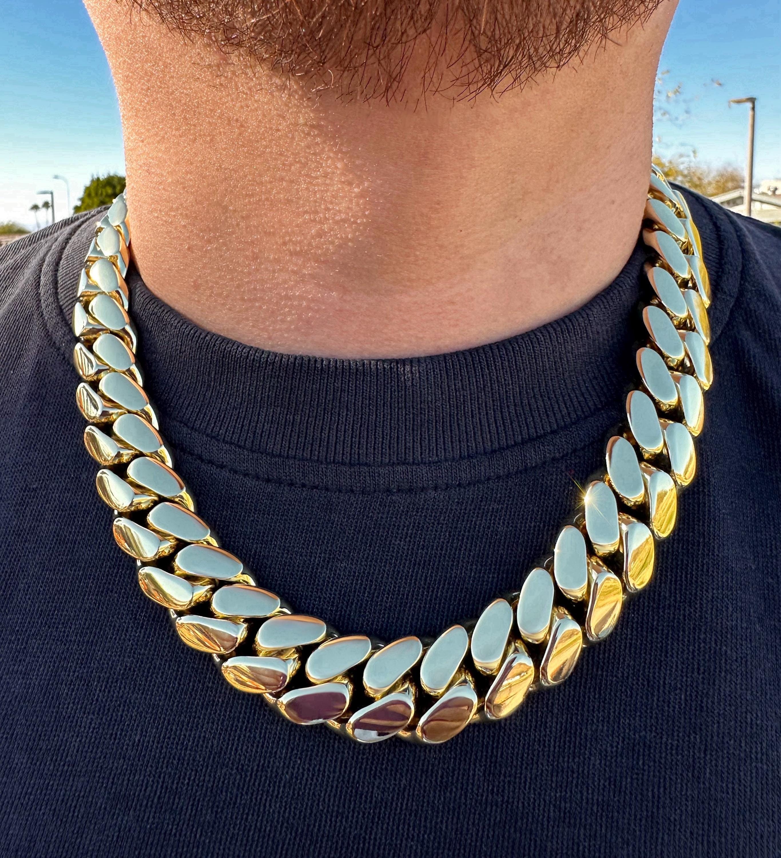 Miami Cuban Link Chain Solid Handmade Real 14k Gold Triple Plated 10-22mm Heavy Necklace