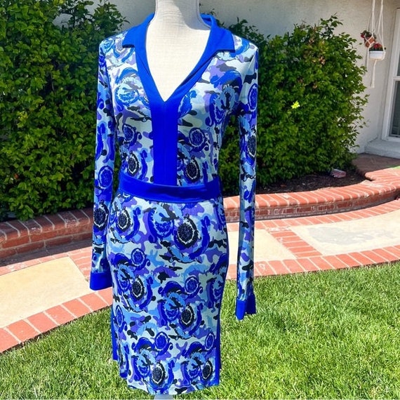 Versace Dress Blue Paisley Collared Mini Size Sma… - image 1