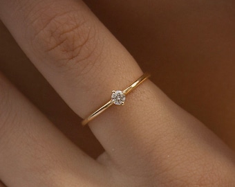 Lab Diamond Solitaire Ring 14k Gold, Promise Ring for Her, Minimalist Stacking Band, Anniversary Engagement Gift