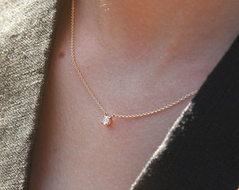 Dainty Diamond Necklace 14k Solid Gold, Lab Diamond Solitaire Pendant, Bridesmaid Gift, Layering Chain Necklace