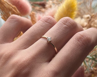 Mini Diamond Solitaire Ring 14k Gold, Wrapped Stacking Band, Lab Diamond Promise Ring, Dainty Anniversary Gift
