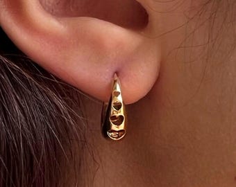 Heart Huggie Earrings Solid Gold, 9k 14k 18k Heart-Shape Cutout Hoops, Hinge Closure, Cute Anniversary Gift