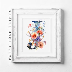 Monograma J - Impresión de arte de letras del alfabeto floral - Decoración de pared digital única, arte de pared de letras de flores personalizado, arte de palabras de nombre personalizado