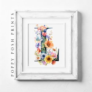 Monograma L - Impresión de arte de letras del alfabeto floral - Decoración de pared digital única, arte de pared de letras de flores personalizado, arte de palabras de nombre personalizado
