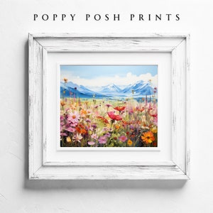 Mountain Meadow Spring Flowers Wall Art - Vibrant Floral Landscape Digital Print, Peaceful Alpine Botanical Home Decor, High-Res Image