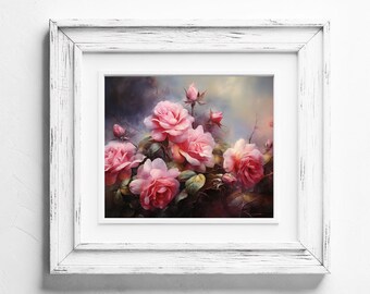 May include: A framed painting of a bouquet of pink roses with green leaves and stems against a soft blue and gray background.