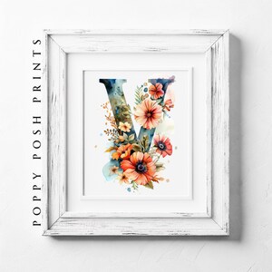 Monograma V - Impresión de arte de letras del alfabeto floral - Decoración de pared digital única, arte de pared de letras de flores personalizado, arte de palabras de nombre personalizado