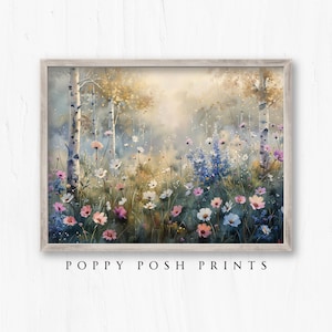 Neblige Waldlichtung, Birken Bäume und Wildblumen Wand Dekor, Natur Landschaft Wandbehang, ruhige Landschaft Wand Kunst