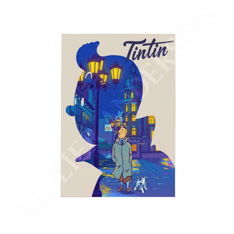 Puede incluir: Un p&oacute;ster con una ilustraci&oacute;n estilizada de Tint&iacute;n caminando por una calle de la ciudad por la noche con su perro Mil&uacute;. El p&oacute;ster tiene una combinaci&oacute;n de colores azul y amarillo, con la palabra "Tint&iacute;n" en una fuente de escritura.