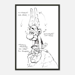 May include: A black and white sketch of a cartoon character with large ears, standing on a rock. The image includes handwritten French text indicating movement and the character's name. The character is holding a small object.