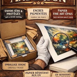 Puede incluir: Una impresi&oacute;n art&iacute;stica de Atelier Anderson, con una escena de paisaje. La imagen muestra una impresi&oacute;n que se examina con una lupa, con texto que indica env&iacute;o seguro, impresiones con tinta pigmentada y papel grueso de calidad de museo. La impresi&oacute;n est&aacute; cuidadosamente embalada.