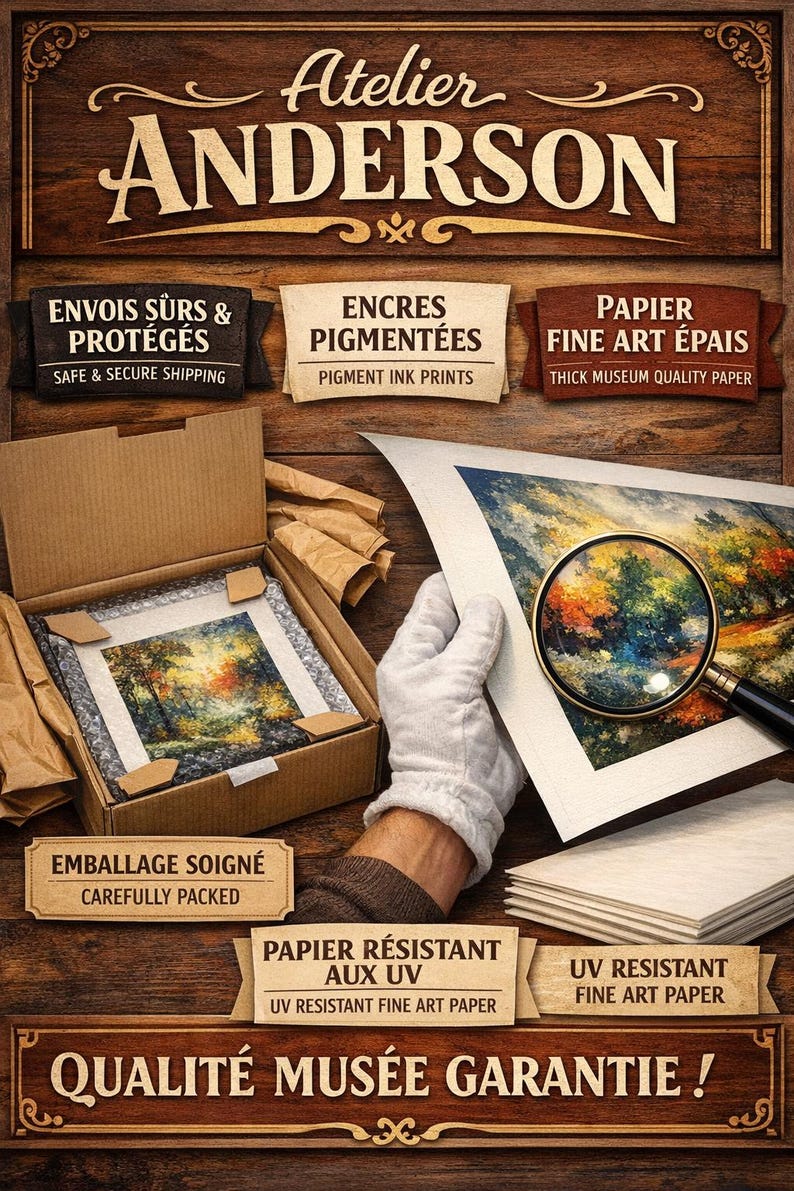 Puede incluir: Una impresi&oacute;n art&iacute;stica de Atelier Anderson, con una escena de paisaje. La imagen muestra una impresi&oacute;n que se examina con una lupa, con texto que indica env&iacute;o seguro, impresiones con tinta pigmentada y papel grueso de calidad de museo. La impresi&oacute;n est&aacute; cuidadosamente embalada.