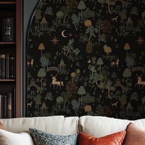 Dark Botanical Wallpaper Secret Garden At Night, Moody Peel-and-Stick Wallpaper, Dark Mystical Mural, Magical and Whimsical Wallpaper