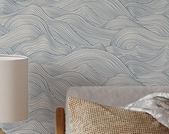 Blue and Beige Wave Peel and Stick Removable Wallpaper, Nautical Coastal Self Adhesive Temporary Wallpaper, Beach House Wall Mural