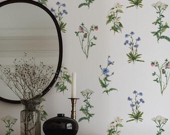 Meadow Flowers Removable Peel-and-Stick Wallpaper, Botanical Self Adhesive Wallpaper, Minimal Wallpaper, Boho Farm House Wallpaper