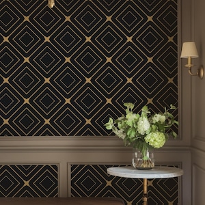 Black Art Deco Peel and Stick Wallpaper, Dark Academia Accent Wall Wallpaper, Custom Self Adhesive Vintage Geometric Wallpaper