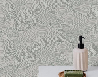 Sage and White Wave Peel and Stick Removable Wallpaper, Green Wave Wallpaper, Temporary Coastal Wall Decal, Self Adhesive Wall Mural