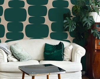 Abstract Green and Dark Cream Peel and Stick Removable Wallpaper, Bright Color Wall Mural, Retro Vibe Wallpaper