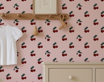 Pink Cherry Removable Peel and Stick Wallpaper, Pop Art Fruit Self Adhesive Wall Paper