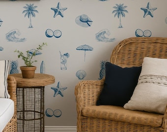 Coastal Beach Blue Palm Tree peel & Stick Wallpaper, Starfish, Pineapple and Wave Toile Mural