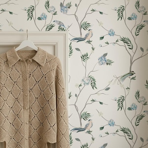Chinoiserie Bird Peel and Stick Removable Wallpaper in Blue, Green and White, Vintage Botanical Wall Paper, Decorate Nursery Wallpaper