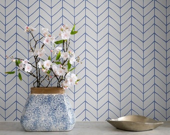 Blue & White Herringbone Peel and Stick Removable Wallpaper, Temporary Wall Decal, Self Adhesive Line Wall Art