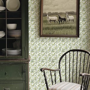 Carta da parati adesiva con foglie di ulivo in verde e bianco, carta da parati rimovibile con motivi botanici vintage, carta da parati autoadesiva classica per cucina