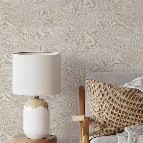 Beige Coastal Nautical Wave Peel and Stick Removable Wallpaper, Beach House  Self Adhesive Temporary Wallpaper