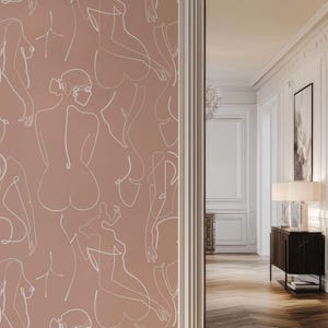 Silhouette rose ou pêche, ligne du corps féminin, papier peint amovible autocollant, décoration murale temporaire couleur pêche, décalcomanie murale tendance