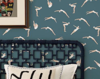 Blue Retro Swimming Diving Peel & Stick Wallpaper, Sporty Removable Mural